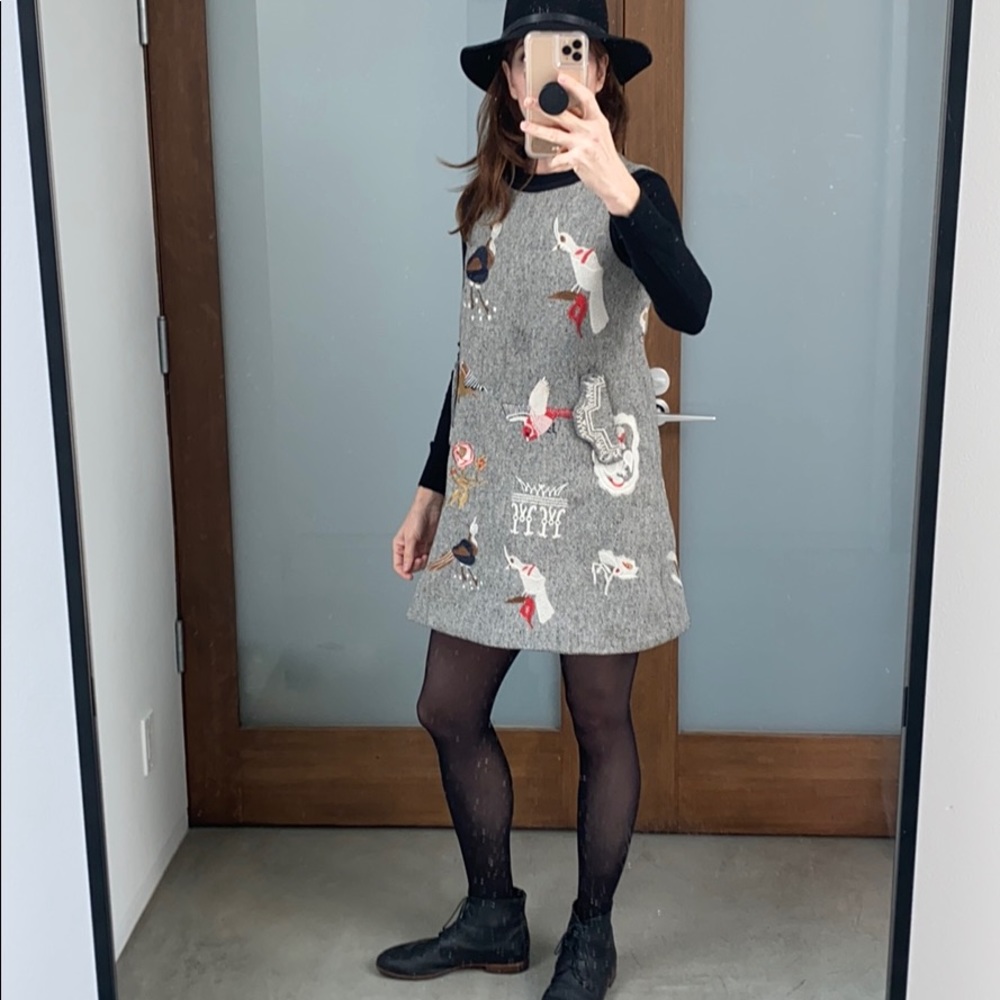 Herringbone pinafore dress with embroidered birds